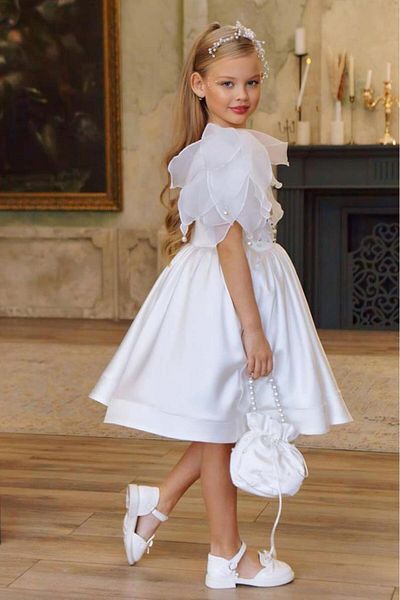 Riccotarz Girl's Chest Pearl Stone Embroidered One Shoulder Transparent Suspender Skirt Fluffy White Evening Dress