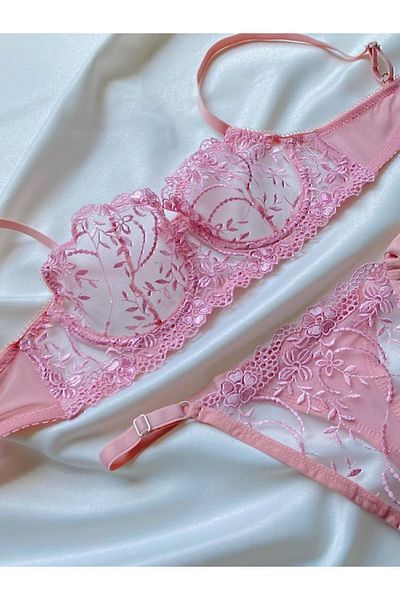 Fleur de Lingerie Pink Embroidered Bralet Set (Bra&Tanga)