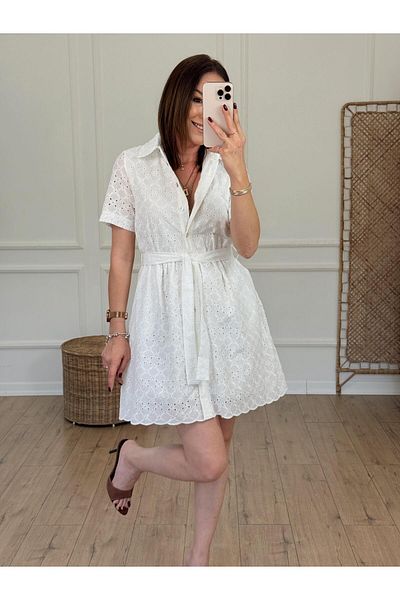 X-Young Belted Brodeli Short Sleeve Dress Ecru