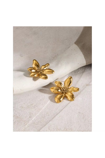 Siya Silver Altın Kaplama Gold Renk Çiçek Model Kadın Çelik Küpe