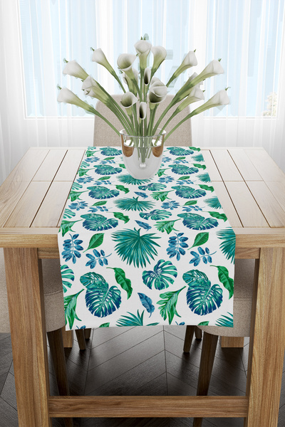 EsnafAli Runner cu model de frunze tropicale alb-verde 40X140