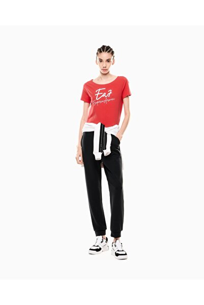 EA7 Women's Crew Neck Ea7 Text Detail Short Sleeve Tight Red T-Shirt 7W000184 Af10373-U5061