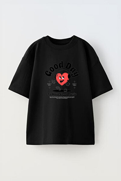 Anetos Tricou oversized negru din bumbac cu imprimeu "Good Day To Have Good M...