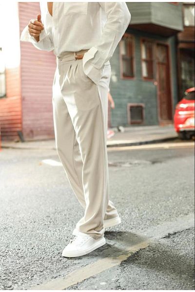 LU-MİLA Men's Pleated Baggy Elastic Waist Fabric Trousers-Beige