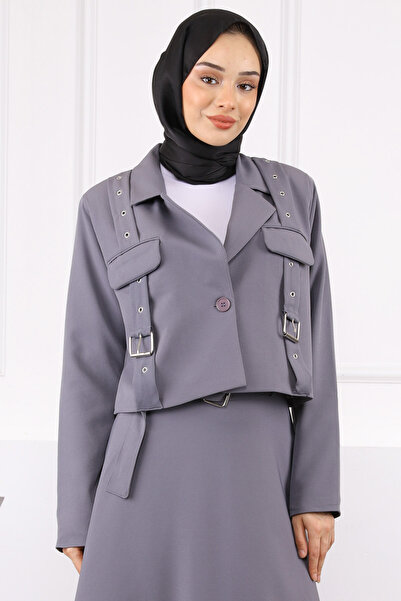 İmajButik Gray Belt Detailed Jacket Skirt Suit