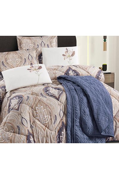 Q LAND Balqis Summer Double Quilt Set, 7 Pieces, Navy Blue Pattern