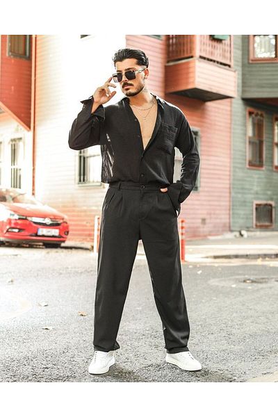 LU-MİLA Men's Pleated Baggy Elastic Waist Fabric Trousers-Black