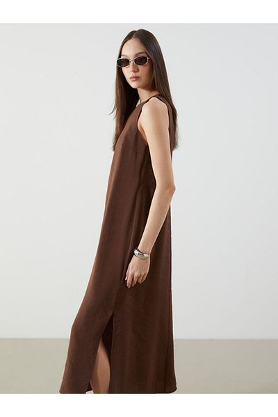 LC Waikiki Lcw Vision Brown Crew Neck Modal Blend Dress S5M630Z8Nvy25