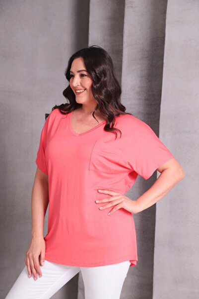 Ebsumu Women's Plus Size Single Pocket Detail Basic Coral T-Shirt