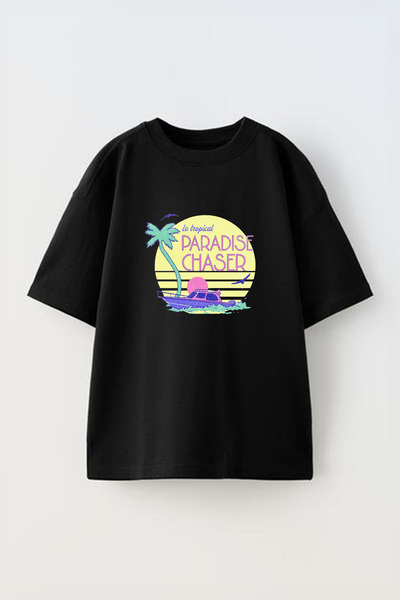 Anetos Paradise Chaser Передньодрукована бавовняна чорна футболка Oversize