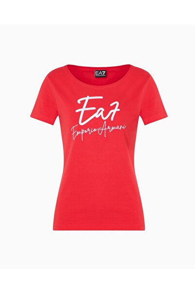 EA7 Women's Crew Neck Ea7 Text Detail Short Sleeve Tight Red T-Shirt 7W000184 Af10373-U5061