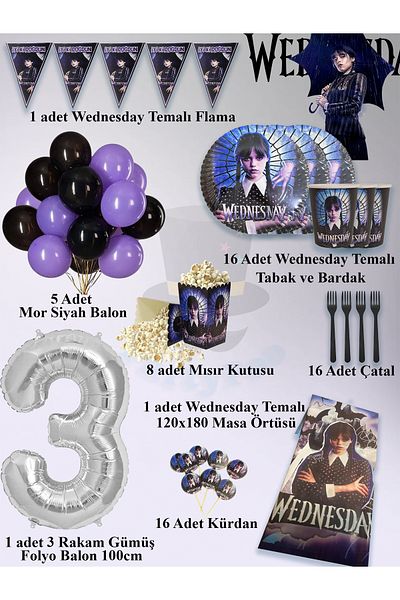PartyPoo مجموعة حفلات عيد ميلاد فاخرة تحت عنوان Wednesday Addams تتسع لـ 16 شخصًا - حزمة خاصة مع بالونات أرقام