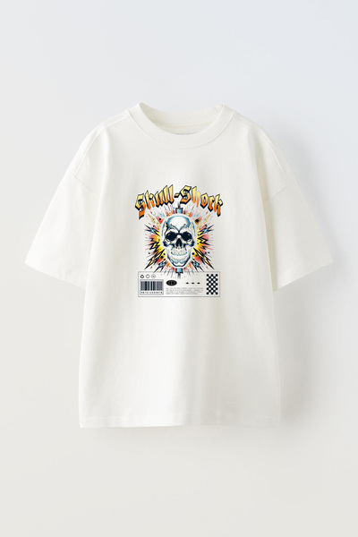 Anetos Tricou Skull Shock Front cu imprimeu Cotton White supradimensionat