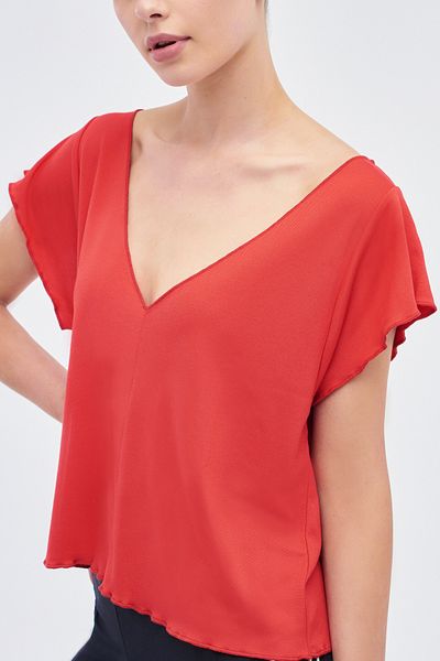 LOUXILOL Women's Red V-Neck Short Sleeve Blouse