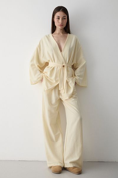 Laluvia Gelbes Baumwoll-Kimono-Hosen-Set mit weitem Bein