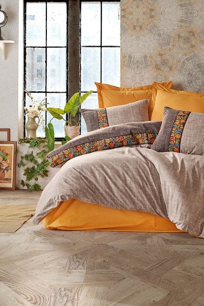 Cotton Box Комплект пликове за завивка с единичен мотив от норка, фолклорно изкуство.