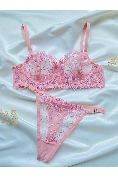 Fleur de Lingerie Pink Embroidered Bralet Set (Bra&Tanga)