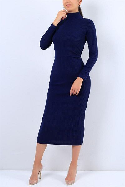 MaxiMor Tricotaj de culoare albastru bleumarin cu nervuri, țesătură, lungime maxi, gâtul țesut este potrivit pentru rochia Tessetür 130 cm