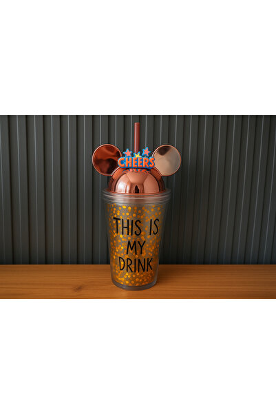 ceviz home züccaciye tekstil ltd şirketi Mickey Mouse Kulaklı Simli Pipetli Bardak – "THIS IS MY DRINK" Yazılı