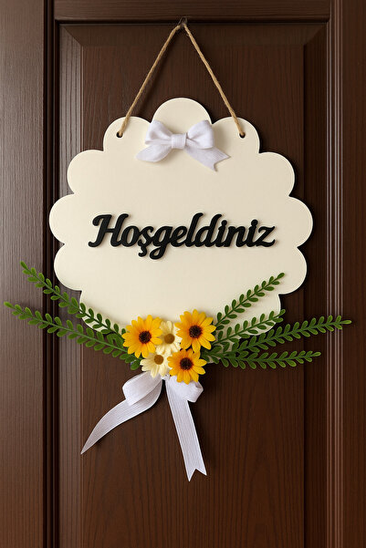 MACROMEKİDS El Yapımı Hoşgeldiniz Kapı Süsü 30 cm Papatya Desenli, Beyaz Zemi...