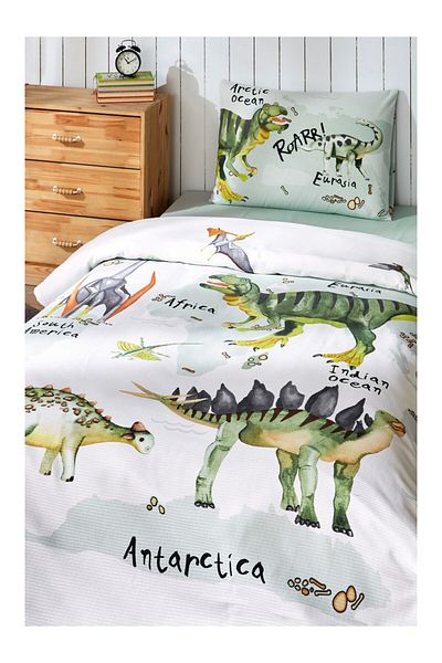 Özdilek Single 100% Cotton Children's Pique Set Dinasour Time Green