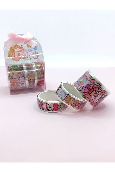 Limmy Cute Girl Bear Rabbit Transparent Patterned Tape with Bow Bag - Pink