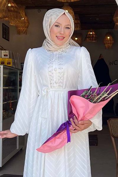 benguen Πέτρινο Λεπτομερές Φόρεμα Hijab Λευκό 1412