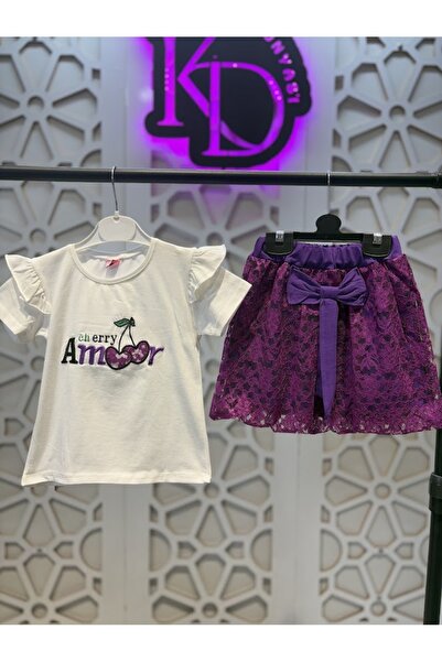 KUMRUNUN DÜNYASI Colorful Printed T-Shirt and Tulle Skirt Girls' Bottom Top Set