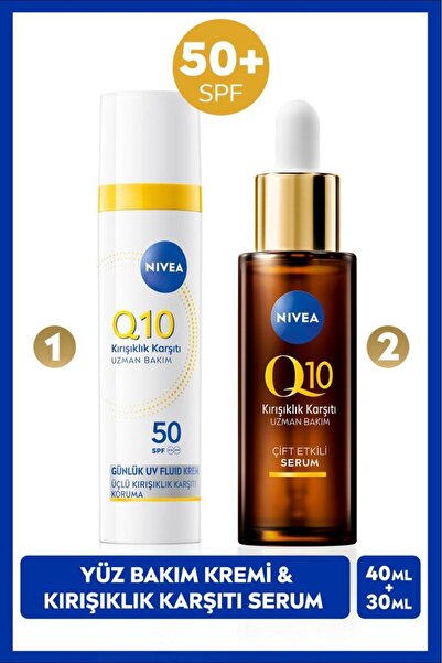 NIVEA Q10 SPF50 Güneş Koruyucu Yüz Bakım Kremi 40ml ve Kırışıklık Karşıtı Çift Etkili Cilt Serumu 30ml