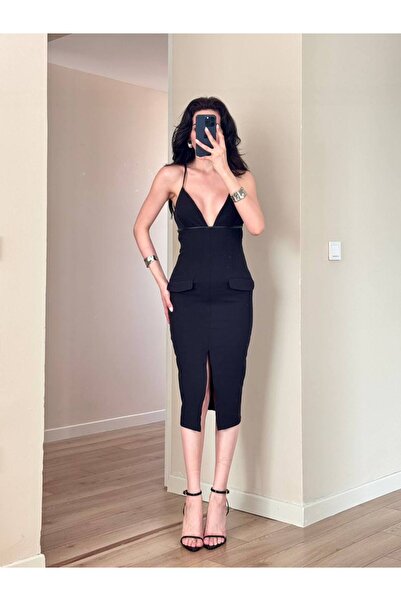 LOCH BUTİK Kadın Siyah Deri Biyeli Süs Cepli Yırtmaç Detaylı Midi Elbise