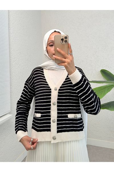 Modamorfo Buttoned Pocket Detailed Fine Striped Knitwear Cardigan