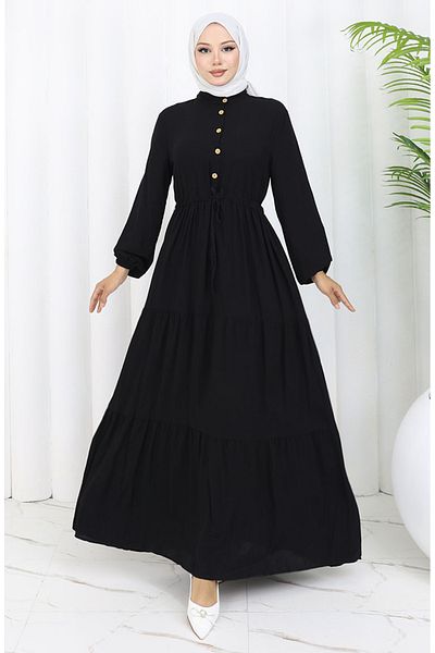 sefamerve Viscose fabric half button dress 0085-01 black