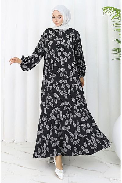 sefamerve Patterned Dress with Elasticated Sleeve 2055-04 Black
