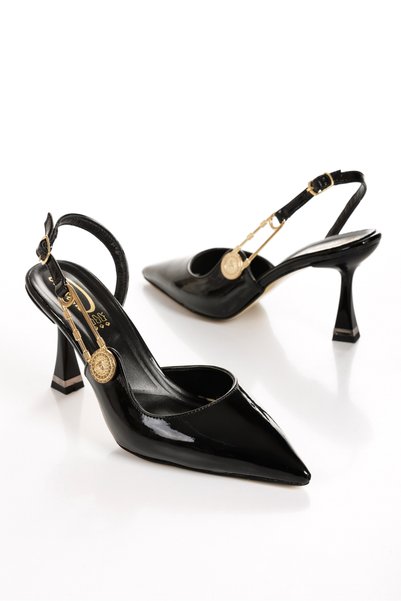 Best Group Women's Black Patent Leather Side Stylish Buckle Pointed Toe Heeled Shoes