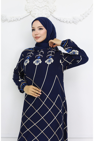 sefamerve Viskon Kumaş Kol Ucu Lastikli Elbise 0030-05 Lacivert