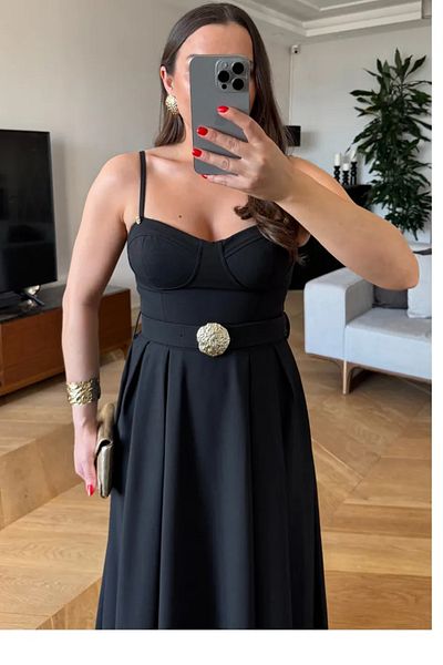 Tuba Butik Long Dress with Chest Cups and Straps