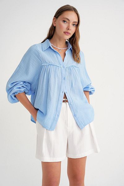 Mixray 4677 Women's Lace Detailed Muslin Shirt Baby Blue
