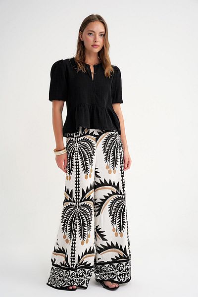 Mixray 4713 Women's Gathered Waist Sleeve Elastic Loose Muslin Blouse Black