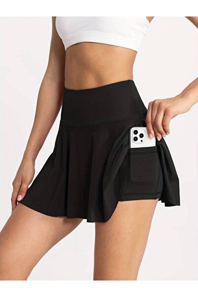MADAM SHİLA Black High Waist Polyamide Fabric Shila Sports Skirt with Side Pocket Pockets