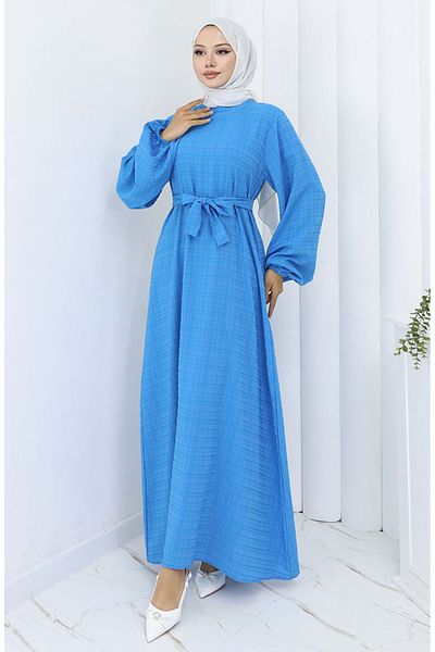 sefamerve Gown with Elasticated Sleeves Belt 2062-01 Turquoise