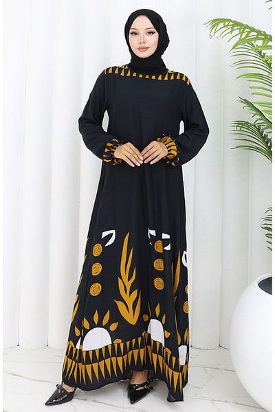 sefamerve Patterned Dress with Elastic Sleeves 0084-02 Black