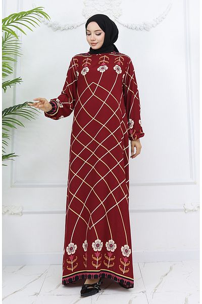 sefamerve Viscose Fabric Sleeve Elastic Dress 0030-04 Claret Red