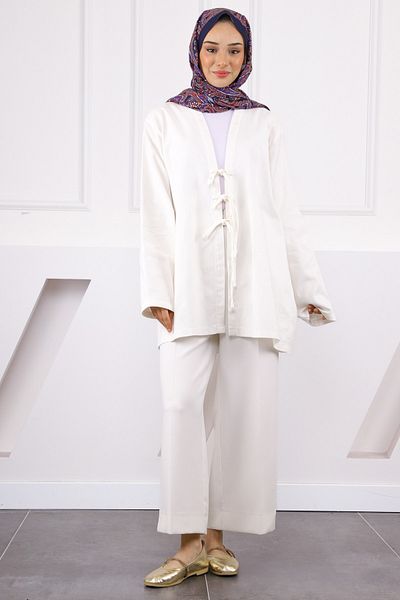 İmajButik Ecru Front Tie Kimono