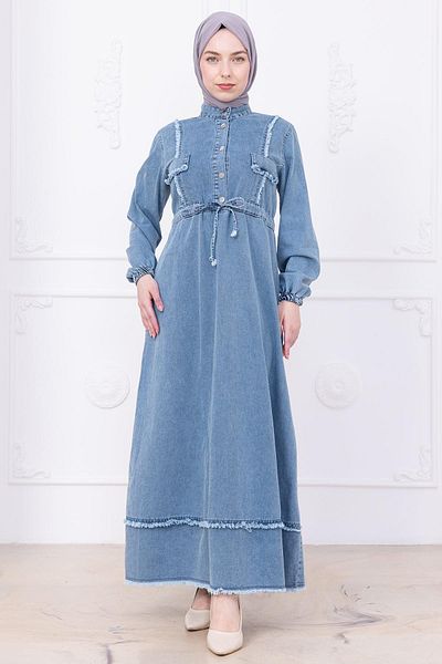 hafsamina Skirt Tassel Button Tie up Denim Dress Blue Hm2673