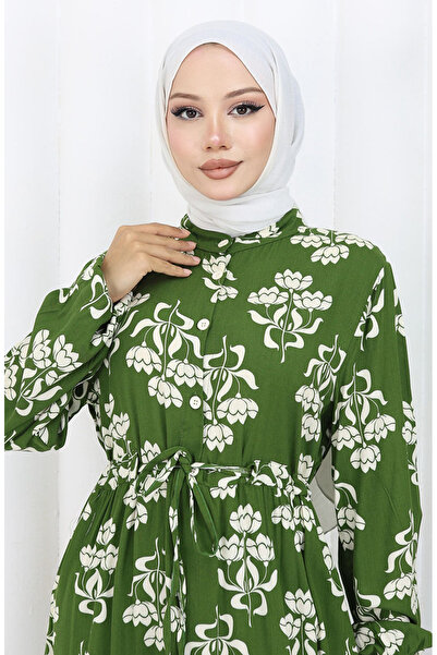 sefamerve Half Button Patterned Dress 2052-03 Khaki