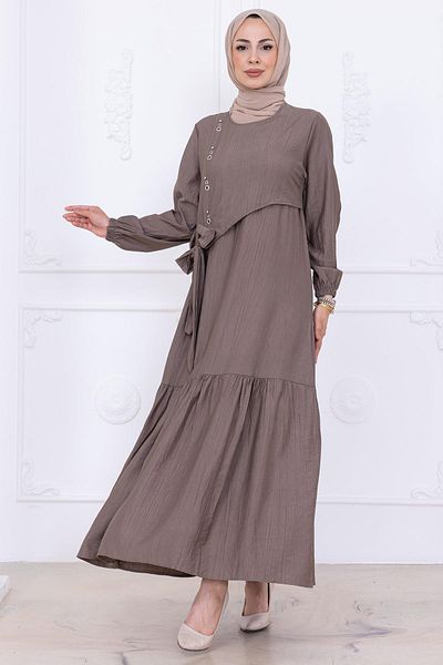 hafsamina Front Stone Detailed Side Tie Hijab Dress Mink Hm2760