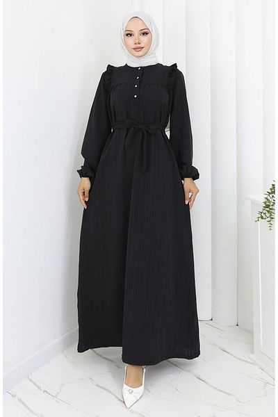 sefamerve Aerobin Fabric Ruffle Belted Dress 2064-01 Black