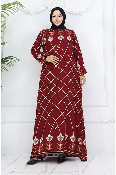 sefamerve Viscose Fabric Sleeve Elastic Dress 0030-04 Claret Red