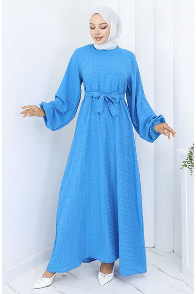 sefamerve Gown with Elasticated Sleeves Belt 2062-01 Turquoise