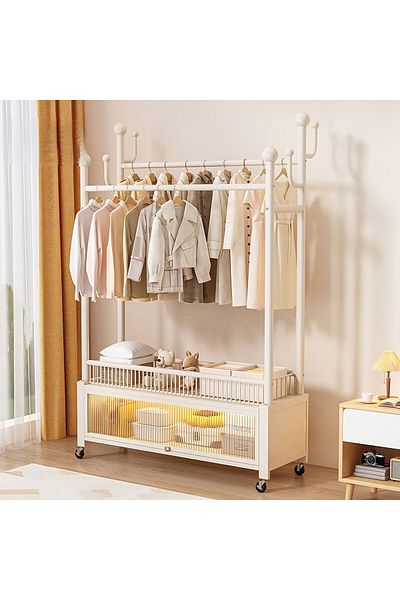 Un Clothes rack with lower storage unit covered with a transparent door that opens at a 90° angle, equipped with wheels for easy transportation